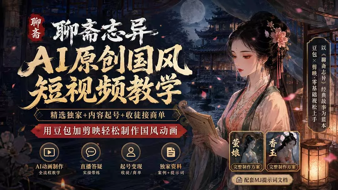 聊斋志异AI原创国风短视频教学；精选独家+内容起号+收徒接商单，