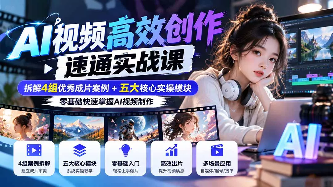 【无水印】AI视频高效创作速通实战课：拆解4组优秀成片案例+五大核心实操模块，零基础快速掌握AI视频制作-鱼见海资源网-免费PHP网站源码模板,插件软件网创AI智能体资源分享平台！