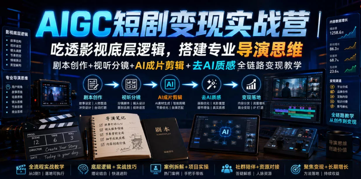 AIGC短剧变现实战营｜吃透影视底层逻辑，搭建专业导演思维，剧本创作+视听分镜+AI成片剪辑+去AI质感全链路变现教学 《鱼见海科技》-鱼见海资源网-免费PHP网站源码模板,插件软件网创AI智能体资源分享平台！