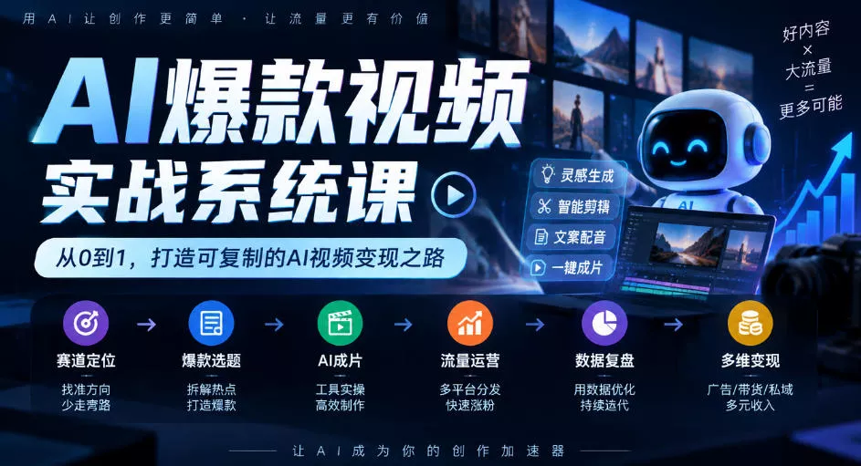 AI爆款视频实战系统课｜赛道定位、爆款选题、AI成片、流量运营、数据复盘、多维变现全链路教学 《鱼见海科技》-鱼见海资源网-免费PHP网站源码模板,插件软件网创AI智能体资源分享平台！
