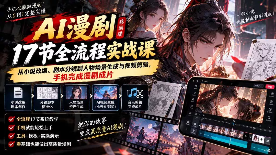 AI漫剧移动端17节全流程实战课：从小说改编、剧本分镜到人物场景生成与视频剪辑，手机完成漫剧成片
