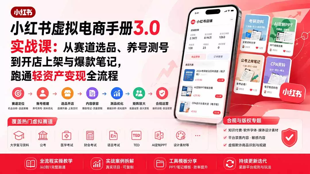 小红书虚拟电商手册3.0实战课：从赛道选品、养号测号到开店上架与爆款笔记，跑通轻资产变现全流程客创社区-专注互联网轻资产资源整合与分享客创社区-专注互联网轻资产资源整合与分享