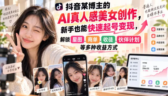 抖音某博主的AI真人感美女创作，新手也能快速起号变现，解锁星图，商单，收徒，伙伴计划等多种收益方式客创社区-专注互联网轻资产资源整合与分享客创社区-专注互联网轻资产资源整合与分享