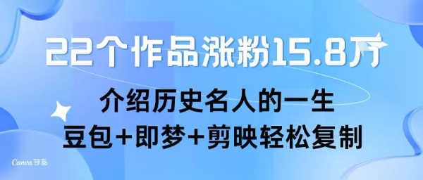 22个作品涨粉15.8W ，介绍历史名人的一生 ， 豆包+即梦+剪映轻松复制-客创社 - 专注互联网轻资产创业及网络项目资源整合与分享客创社-免费且强大的项目分享网站！