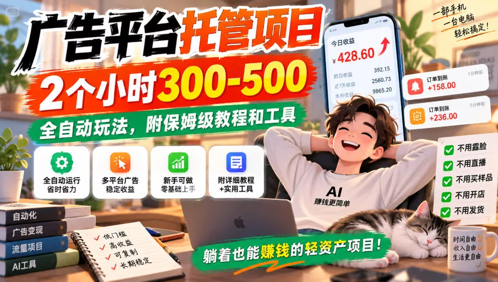 广告平台托管项目，2个小时300-500，全自动玩法，附保姆级教程和工具，小白照着就能做【揭秘】星享资源网星享资源网