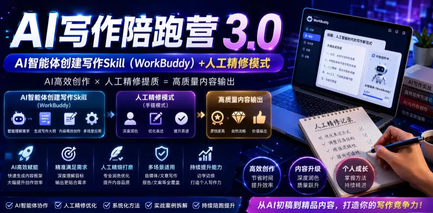 AI写作陪跑营3.0，Ai智能体创建写作skill(workbuddy)+人工手写模式(手搓模式)，去除AI痕迹(头条号、公众号、百家号)(更新0814) 《鱼见海科技》-鱼见海资源网-免费PHP网站源码模板,插件软件网创AI智能体资源分享平台！
