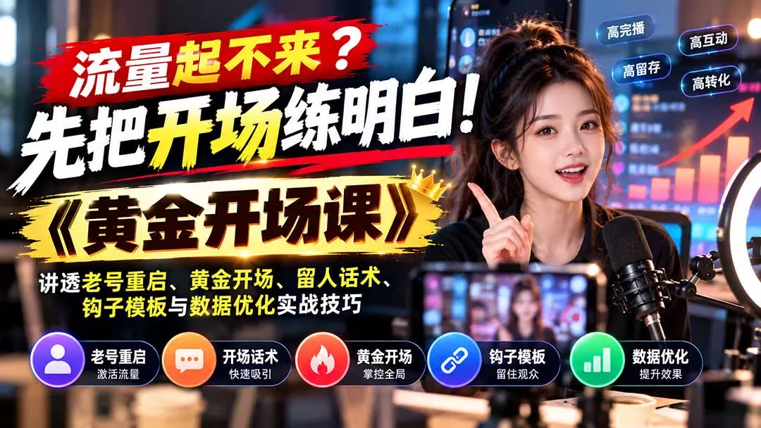 流量起不来?先把开场练明白!《黄金开场课》讲透老号重启、黄金开场、留人话术、钩子模板与数据优化实战技巧客创社区-专注互联网轻资产资源整合与分享客创社区-专注互联网轻资产资源整合与分享