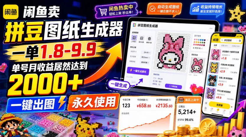 闲鱼卖拼豆图纸生成器，一单1.8-9.9，单号月收益居然达到2000+一键出图长期使用 《鱼见海科技》-鱼见海资源网-免费PHP网站源码模板,插件软件网创AI智能体资源分享平台！