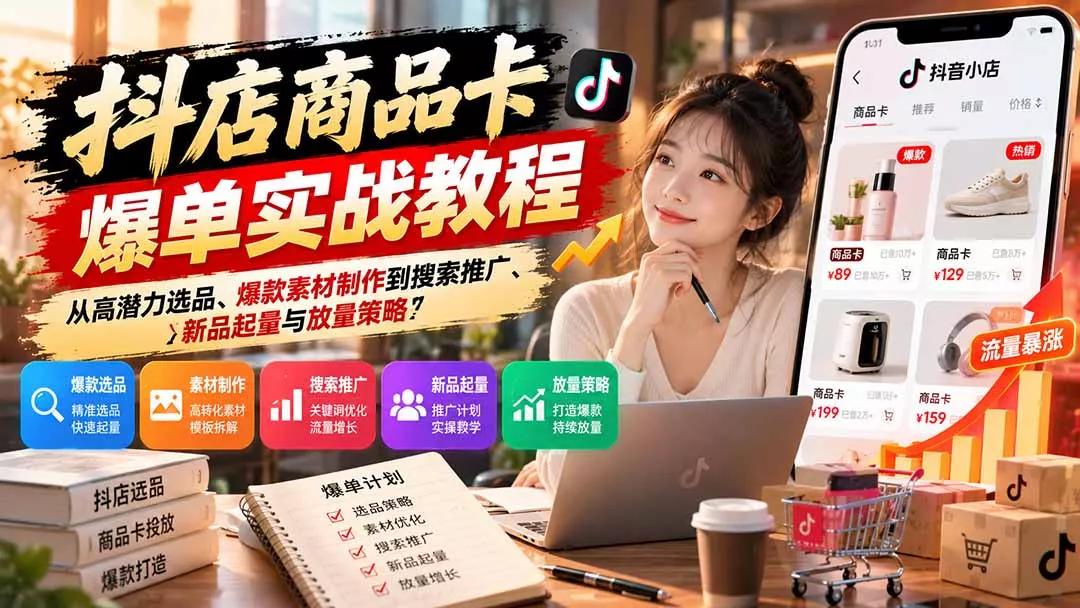 抖店商品卡爆单实战教程：从高潜力选品、爆款素材制作到搜索推广、新品起量与放量策略