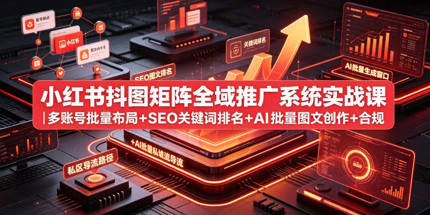小红书抖图矩阵全域推广系统实战课｜多账号批量布局+SEO关键词排名+AI批量图文创作+合规私域导流完整落地教程 《鱼见海科技》-鱼见海资源网-免费PHP网站源码模板,插件软件网创AI智能体资源分享平台！