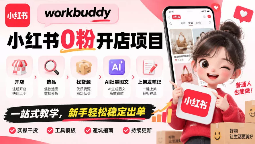 workbuddy小红书0粉开店项目，开店、选品、找货源、AI批量图文、上架发笔记一站式教学，新手轻松稳定出单星享资源网HS游戏库