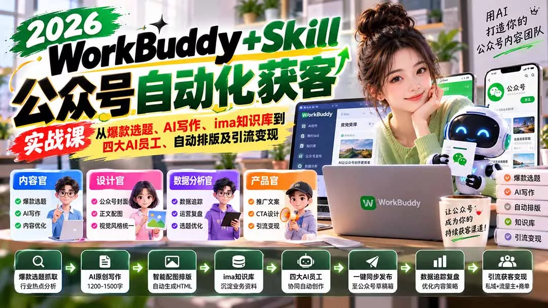 WorkBuddy + Skill公众号自动化获客实战课：从爆款选题、AI写作、ima知识库到四大AI员工、自动排版及引流变现-第一人副业终点站