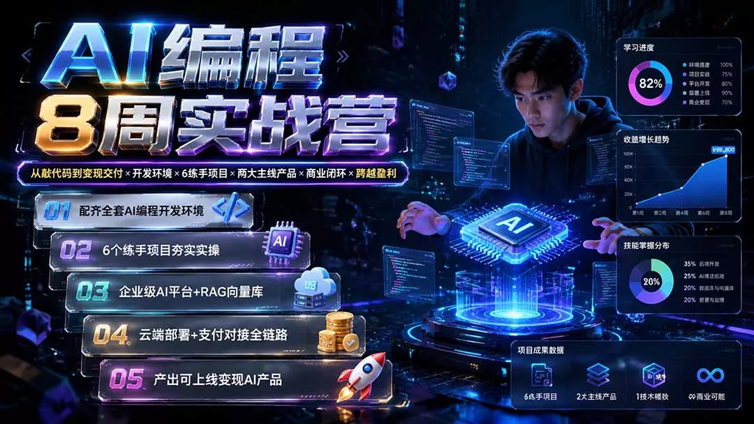 AI编程8周实战营：从敲代码到变现交付×开发环境×6练手项目×两大主线产品×商业闭环×跨越盈利-软件百科