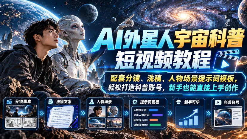AI外星人宇宙科普短视频教程，配套分镜、洗稿、人物场景提示词模板，轻松打造科普账号，新手也能直接上手创作星享资源网HS游戏库