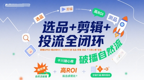 选品+剪辑+投流全闭环，破播自然流+撬动高ROI，手把手打通“选品-剪辑-测品-千川随心推”全链-客创社 - 专注互联网轻资产创业及网络项目资源整合与分享客创社-免费且强大的项目分享网站！