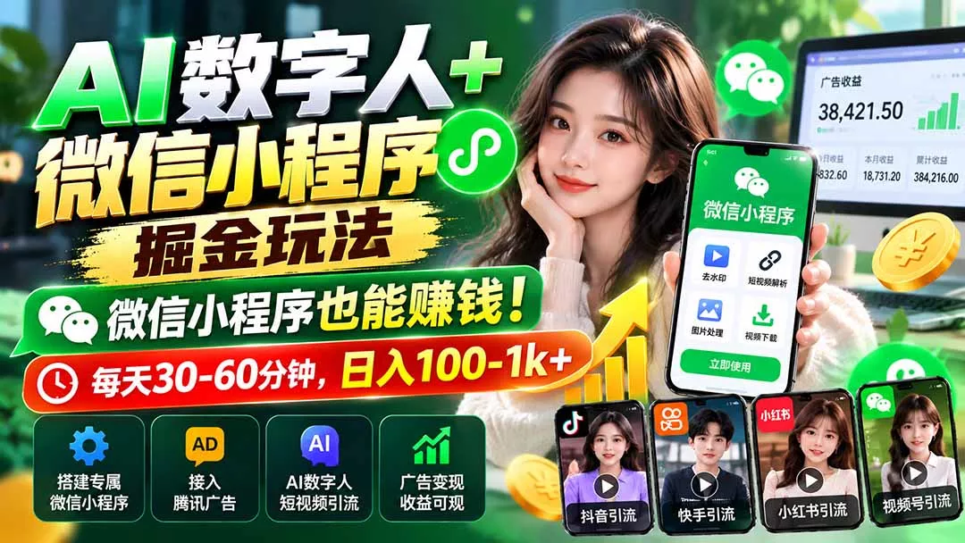 AI数字人+微信小程序掘金玩法：微信小程序也能赚钱！每天30-60分钟，日入100-1k+-羽哥创业课堂