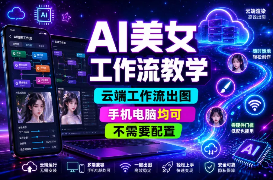 AI美女工作流教学，云端工作流出图，手机电脑均可，不需要配置，快速起号涨粉客创社区-专注互联网轻资产资源整合与分享客创社区-专注互联网轻资产资源整合与分享