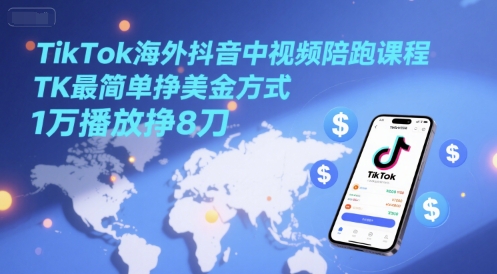 TikTok海外抖音中视频陪跑课程，TK最简单挣美金方式，1万播放挣8刀-客创社 - 专注互联网轻资产创业及网络项目资源整合与分享客创社-免费且强大的项目分享网站！
