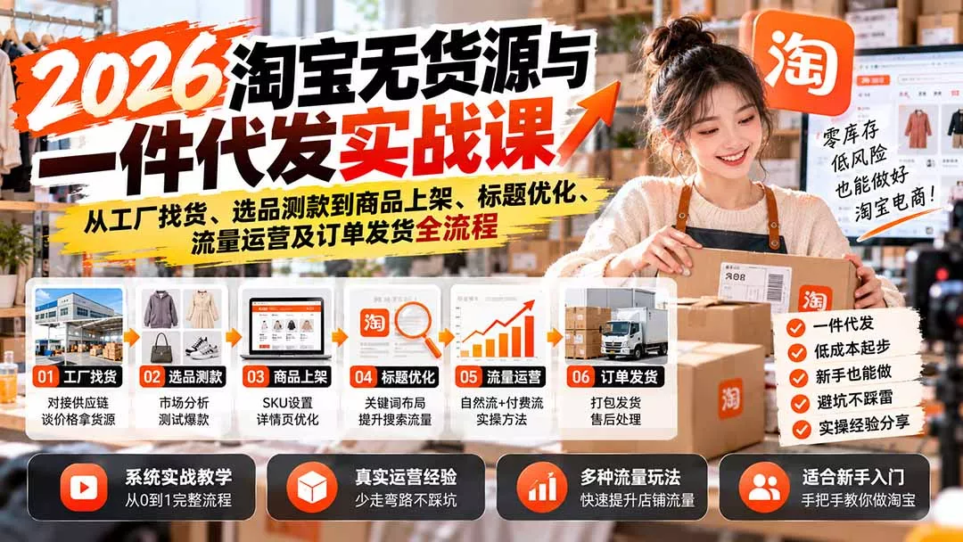 2026淘宝无货源与一件代发实战课：从工厂找货、选品测款到商品上