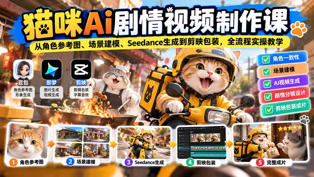 猫咪AI剧情视频制作课：从角色参考图、场景建模、Seedance生成到剪映包装，全流程实操教学客创社区-专注互联网轻资产资源整合与分享客创社区-专注互联网轻资产资源整合与分享