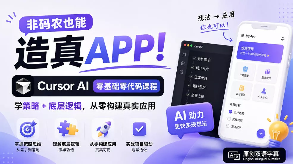 非码农也能造真APP！Cursor AI零基础零代码课程：学策略+底层逻辑，从零构建真实应用【原创双语字幕】客创社区-专注互联网轻资产资源整合与分享客创社区-专注互联网轻资产资源整合与分享