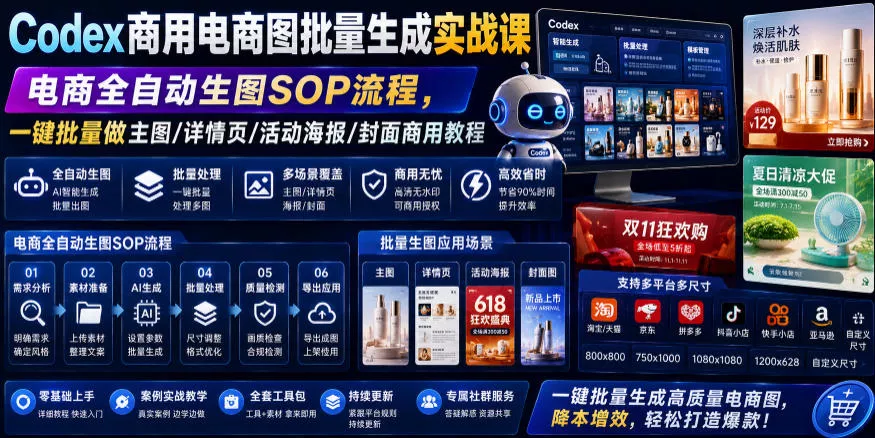 Codex商用电商图批量生成实战课｜电商全自动生图SOP流程，一键批量做主图/详情页/活动海报/封面商用教程-泡泡网赚