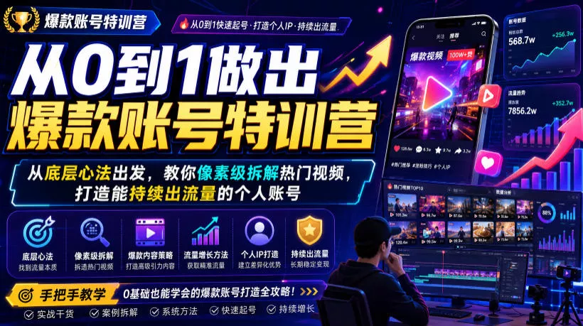 从0到1做出爆款账号特训营，从底层心法出发，教你像素级拆解热门视频，打造能持续出流量的个人账号客创社区-专注互联网轻资产资源整合与分享客创社区-专注互联网轻资产资源整合与分享