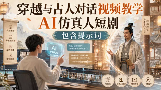 穿越与古人对话视频教学，AI仿真人短剧，包含提示词客创社区-专注互联网轻资产资源整合与分享客创社区-专注互联网轻资产资源整合与分享