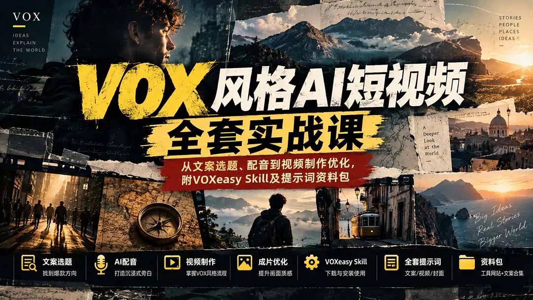 【无水印】VOX风格AI短视频全套实战课：从文案选题、配音到视频制作优化，附VOXeasy Skill及提示词资料包-鱼见海资源网-免费PHP网站源码模板,插件软件网创AI智能体资源分享平台！