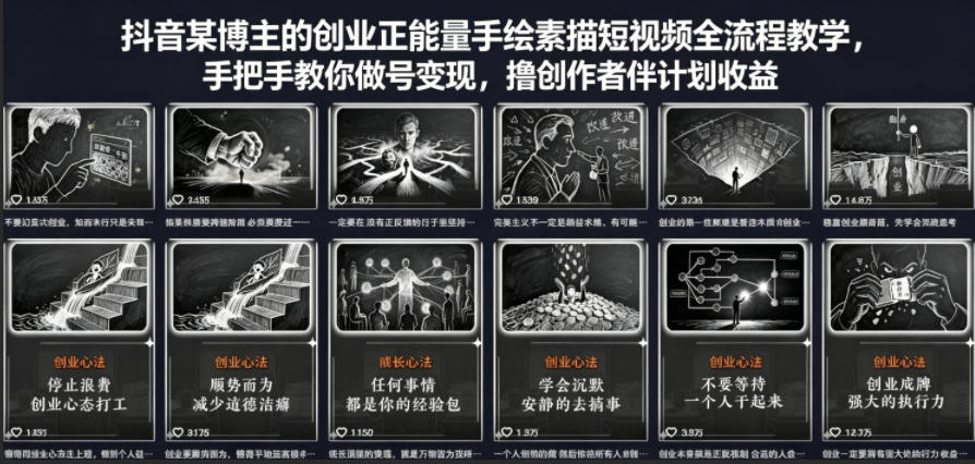 抖音某博主的创业正能量手绘素描短视频全流程教学，手把手教你做号变现，撸创作者伙伴计划收益客创社区-专注互联网轻资产资源整合与分享客创社区-专注互联网轻资产资源整合与分享
