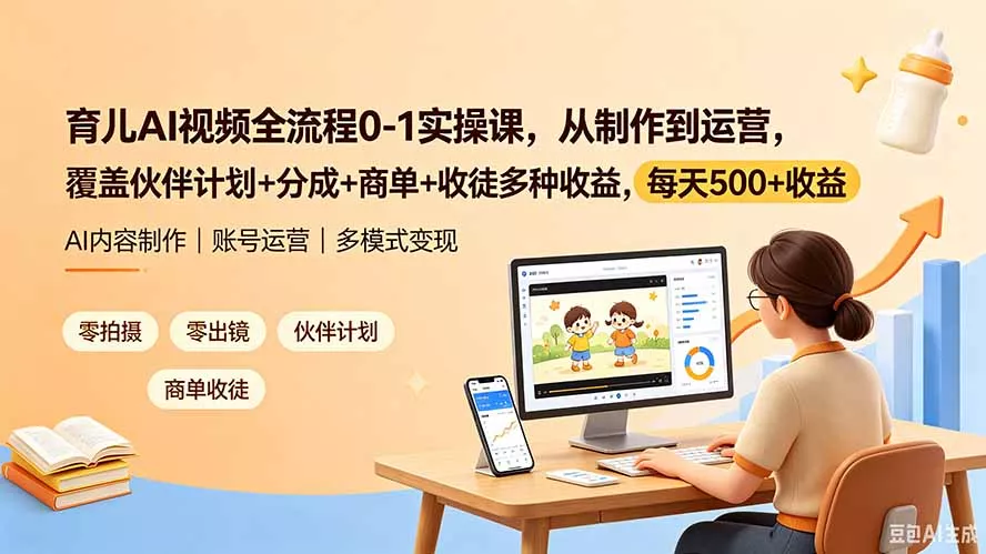 育儿AI视频全流程0-1实操课，从制作到运营，覆盖伙伴计划+分成+商单+收徒多种收益，每天500+收益-鱼见海资源网-免费PHP网站源码模板,插件软件网创AI智能体资源分享平台！