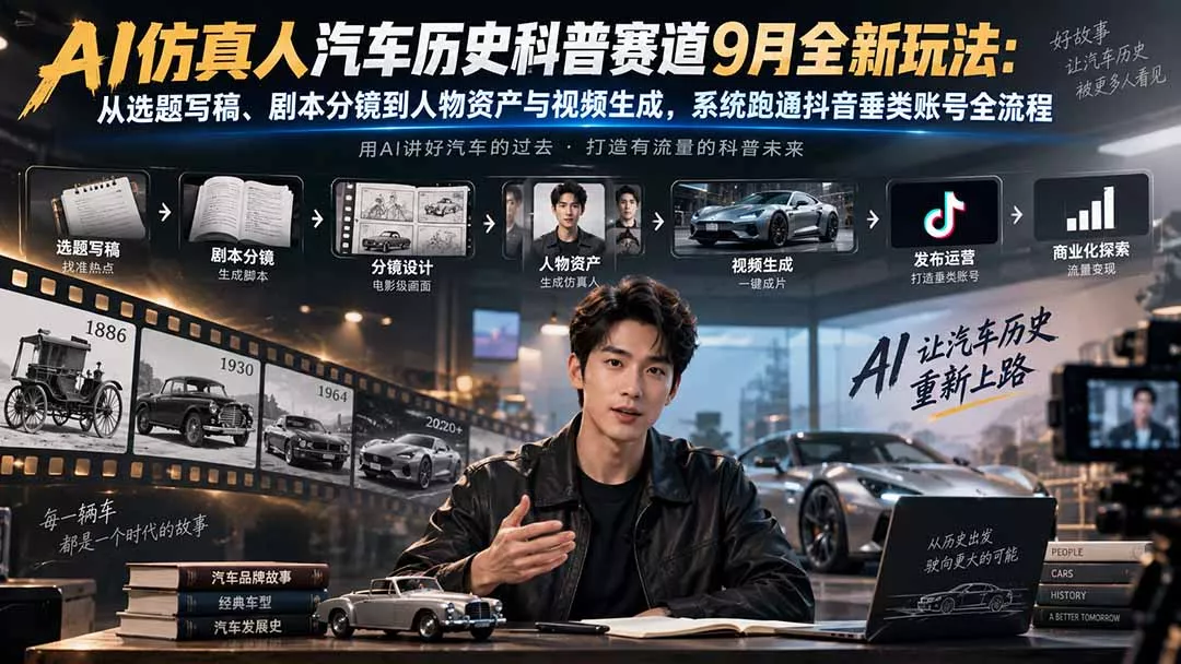 AI仿真人汽车历史科普赛道9月全新玩法：从选题写稿、剧本分镜到人