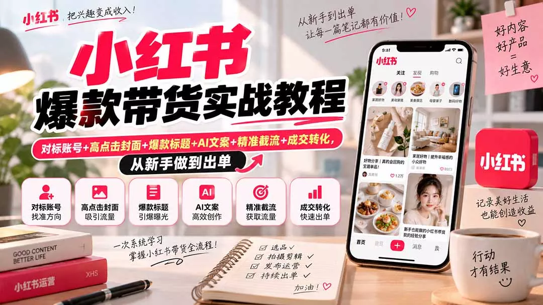 小红书爆款带货实战教程｜对标账号+高点击封面+爆款标题+AI文案+精准截流+成交转化，从新手做到出单-鱼见海资源网-免费PHP网站源码模板,插件软件网创AI智能体资源分享平台！