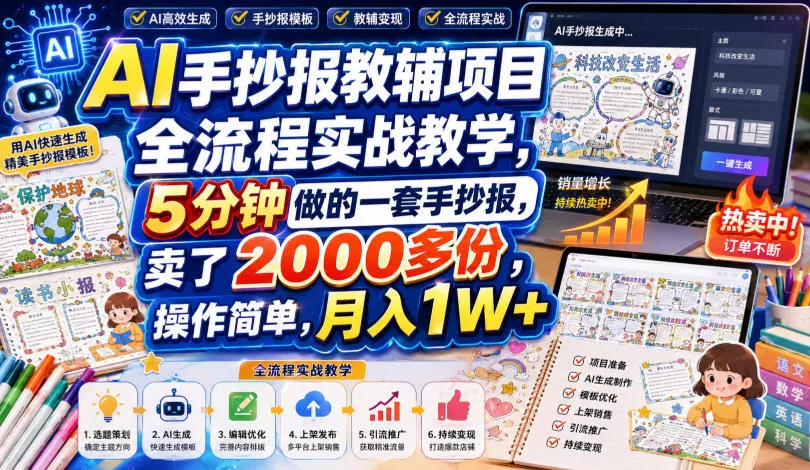 AI手抄报教辅项目全流程实战教学,5分钟做的一套手抄报,卖了2000多份,操作简单,月入1W+ AI手抄报教辅项目全流程实战教学,5分钟做的一套手抄报,卖了20