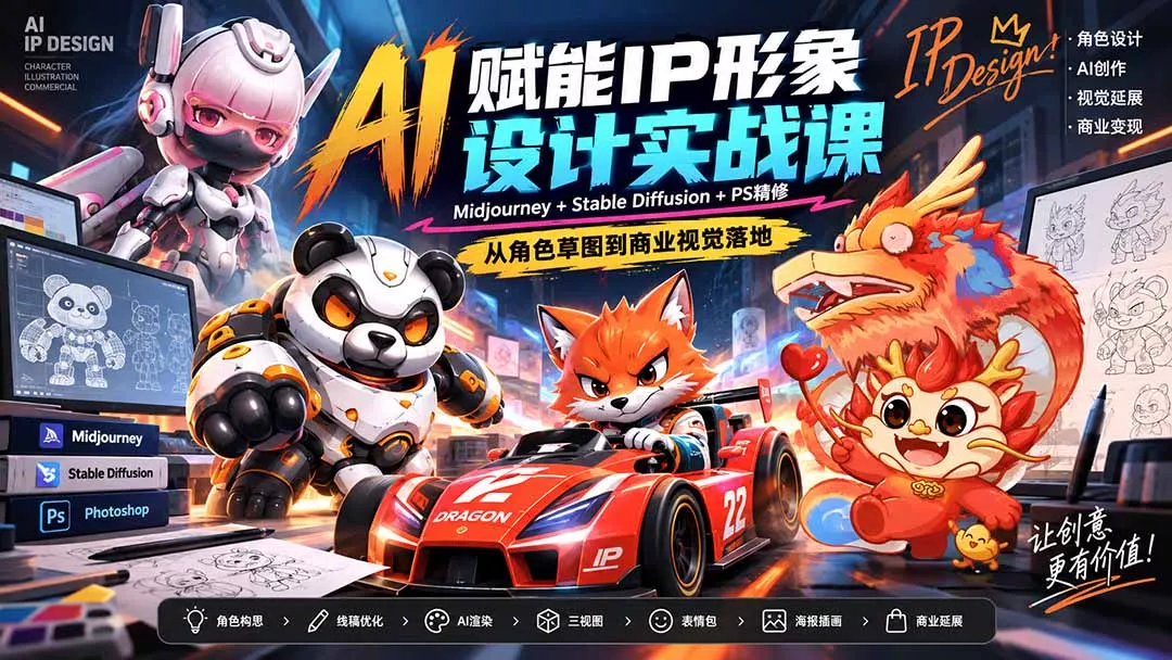 AI赋能IP形象设计实战课-无水印:Midjourney+Stable Diffusion+PS精修,从角色草图到商业视觉落地 AI赋能IP形象设计实战课-无水印:Midjourney+Sta
