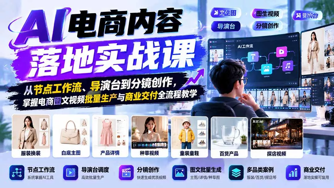 AI电商内容落地实战课：从节点工作流、导演台到分镜创作，掌握电商图文视频批量生产与商业交付全流程教学客创社区-专注互联网轻资产资源整合与分享客创社区-专注互联网轻资产资源整合与分享