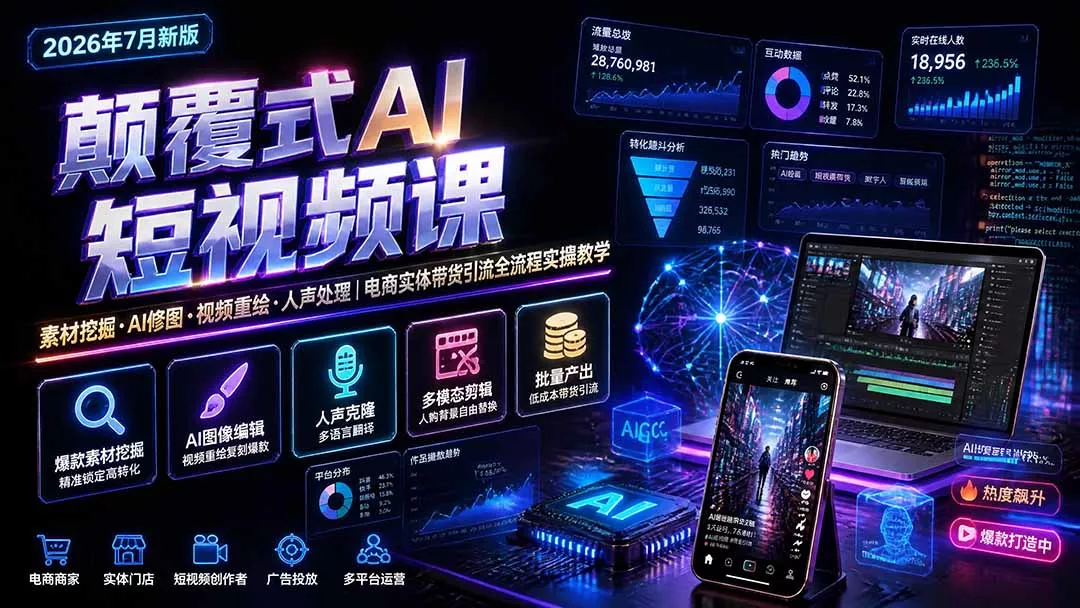 颠覆式AI短视频课-更新｜素材挖掘，AI修图，视频重绘，人声处理｜电商实体带货引流全流程实操教学-鱼见海资源网-免费PHP网站源码模板,插件软件网创AI智能体资源分享平台！