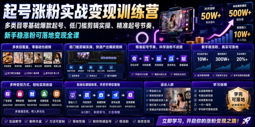 苗子起号涨粉实战变现训练营，多类目零基础爆款起号、精准起号节奏、新手稳涨粉可落地变现全课 《鱼见海科技》-鱼见海资源网-免费PHP网站源码模板,插件软件网创AI智能体资源分享平台！
