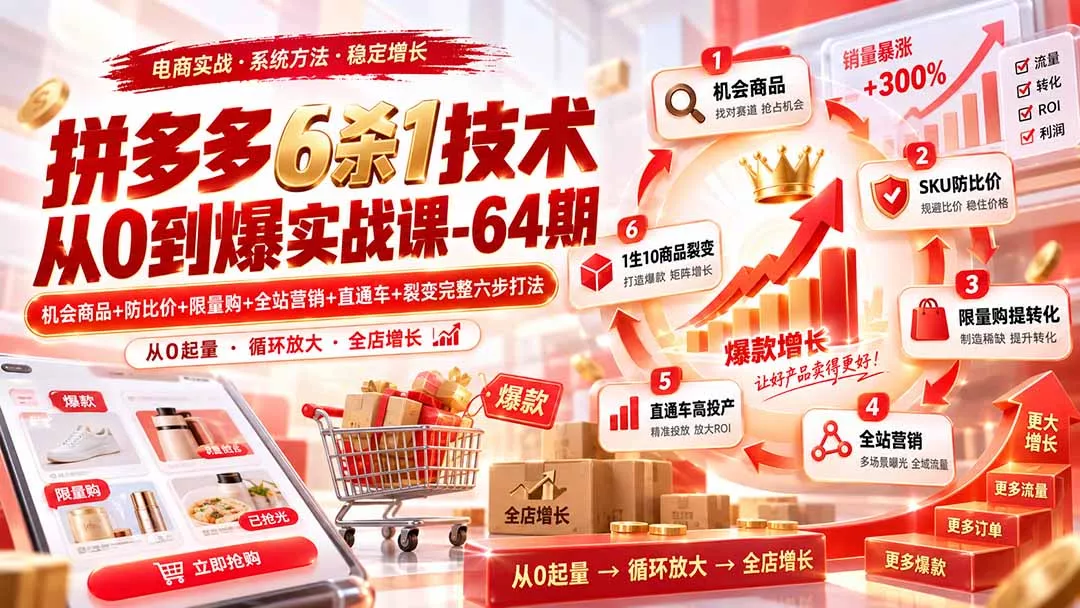 拼多多6杀1技术从0到爆实战课-64期：机会商品+防比价+限量购+全站营销+直通车+裂变完整六步打法客创社区-专注互联网轻资产资源整合与分享客创社区-专注互联网轻资产资源整合与分享