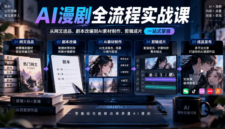 AI漫剧全流程实战课，覆盖从网文选品、剧本改编到AI素材制作、剪辑成片的完整链路客创社区-专注互联网轻资产资源整合与分享客创社区-专注互联网轻资产资源整合与分享