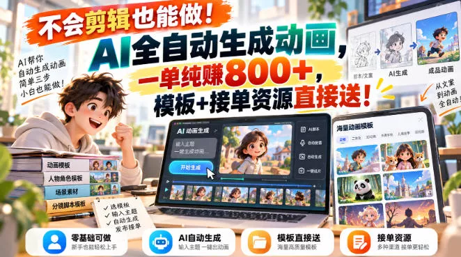 不会剪辑也能做！AI全自动生成动画，一单纯賺800+，模板+接单资源直接送！【揭秘】星享资源网星享资源网