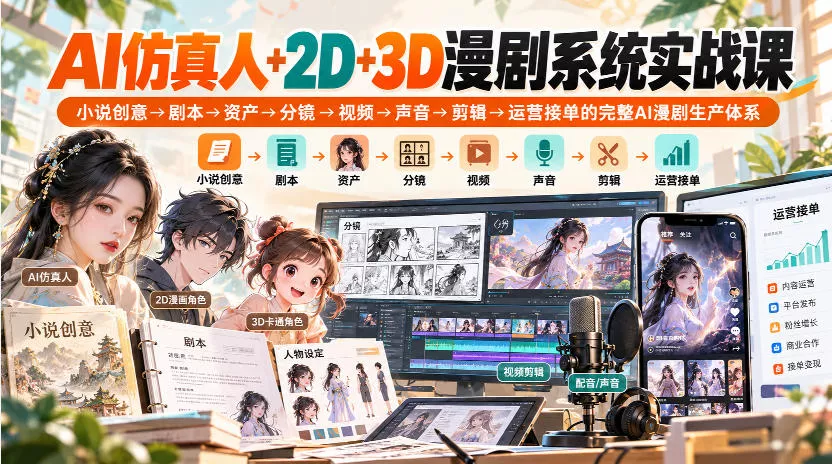 【无水印】AI仿真人+2D+3D漫剧系统实战课，小说创意→剧本→资产→分镜→视频→声音→剪辑→运营接单的完整AI漫剧生产体系-第一人副业终点站