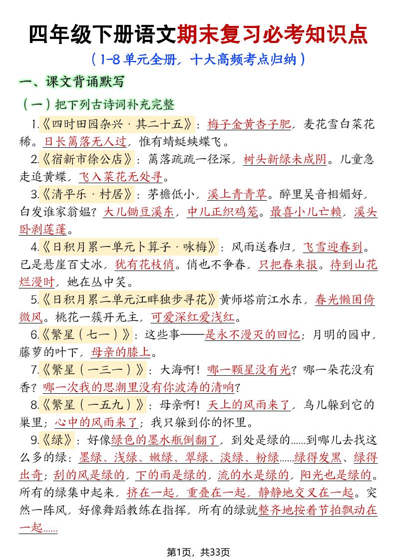 四年级下册语文期末复习必考知识点-客创社 - 专注互联网轻资产创业及网络项目资源整合与分享客创社-免费且强大的项目分享网站！