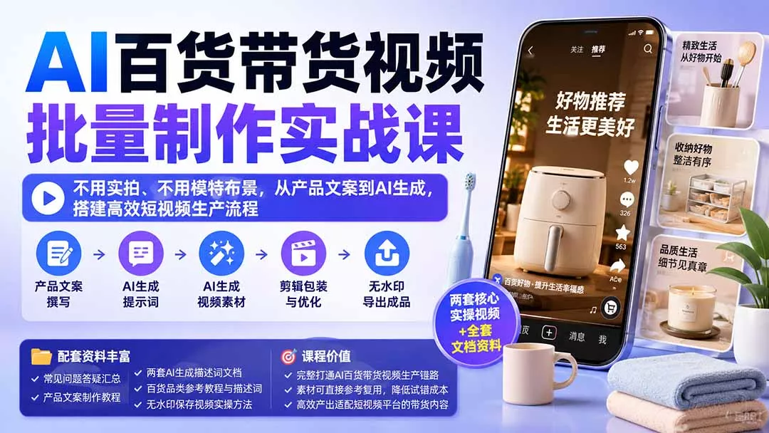 AI百货带货视频批量制作实战课:不用实拍、不用模特布景,从产品文案到AI生成,搭建高效短视频生产流程 AI百货带货视频批量制作实战课:不用实拍、不用模特布景,从产品文