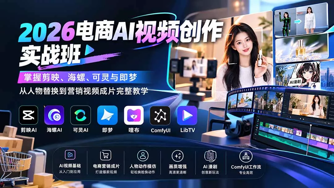 2026电商AI视频创作实战班：掌握剪映、海螺、可灵与即梦，从人物替换到营销视频成片完整教学-鱼见海资源网-免费PHP网站源码模板,插件软件网创AI智能体资源分享平台！