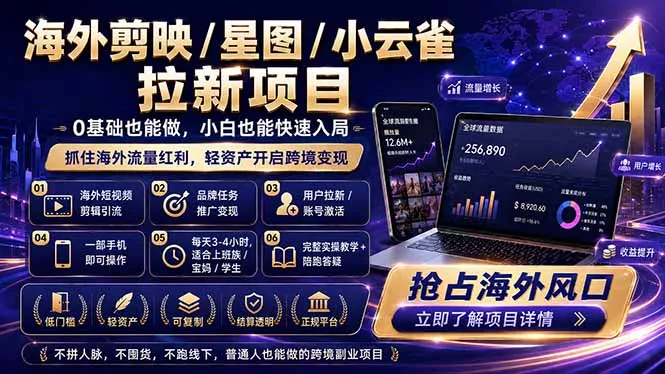 海外剪映 / 星图 / 小云雀拉新项目 普通人也能上手的跨境流量变现副业 《鱼见海科技》-鱼见海资源网-免费PHP网站源码模板,插件软件网创AI智能体资源分享平台！