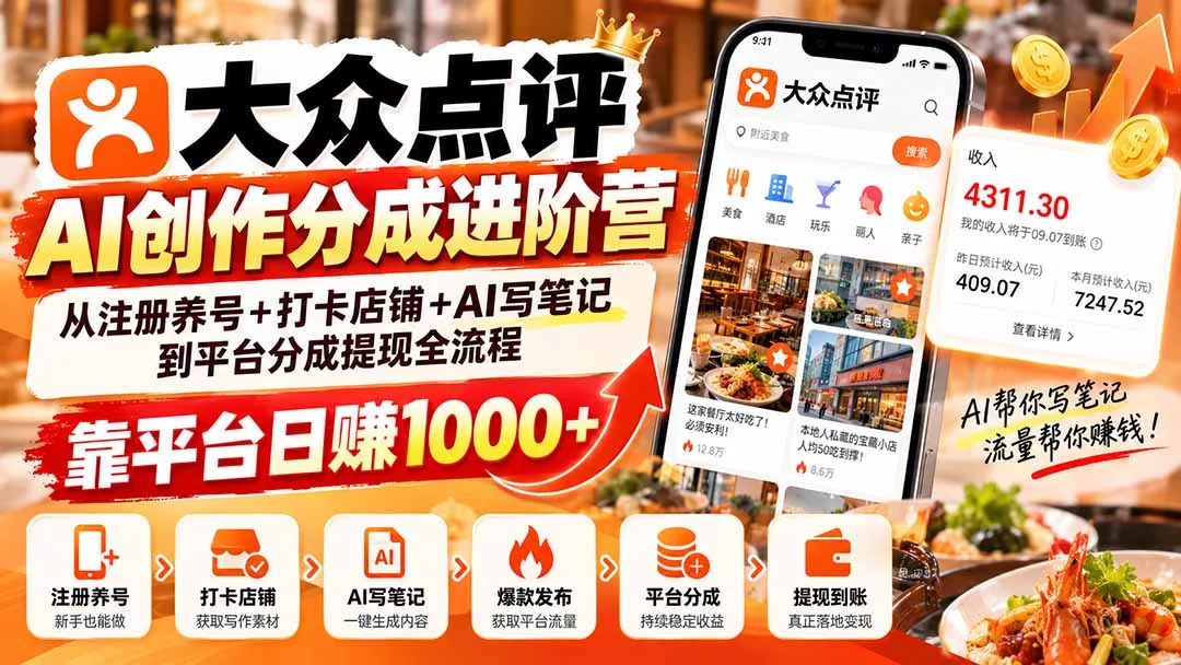 大众点评AI创作分成进阶营:从注册养号+打卡店铺+AI写笔记到平台分成提现全流程,靠平台日赚1000+-九九网创