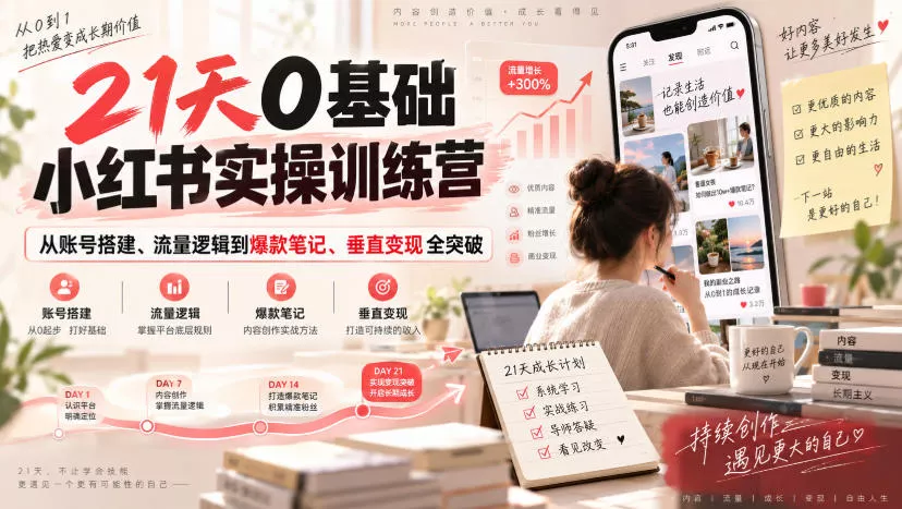 21天0基础小红书实操训练营｜从账号搭建、流量逻辑到爆款笔记、垂直变现全突破 《鱼见海科技》-鱼见海资源网-免费PHP网站源码模板,插件软件网创AI智能体资源分享平台！