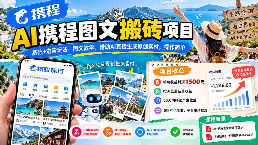 AI携程图文搬砖项目，基础+进阶玩法，图文教学，借助AI直接生成原创素材，操作简单客创社区-专注互联网轻资产资源整合与分享客创社区-专注互联网轻资产资源整合与分享