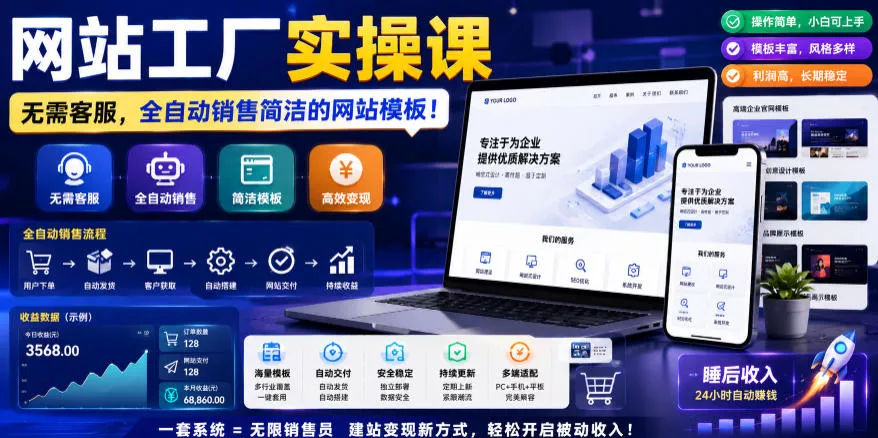 网站工厂实操课，无需客服，网站模板自动赚钱！【原创双语字幕】 《鱼见海科技》-鱼见海资源网-免费PHP网站源码模板,插件软件网创AI智能体资源分享平台！